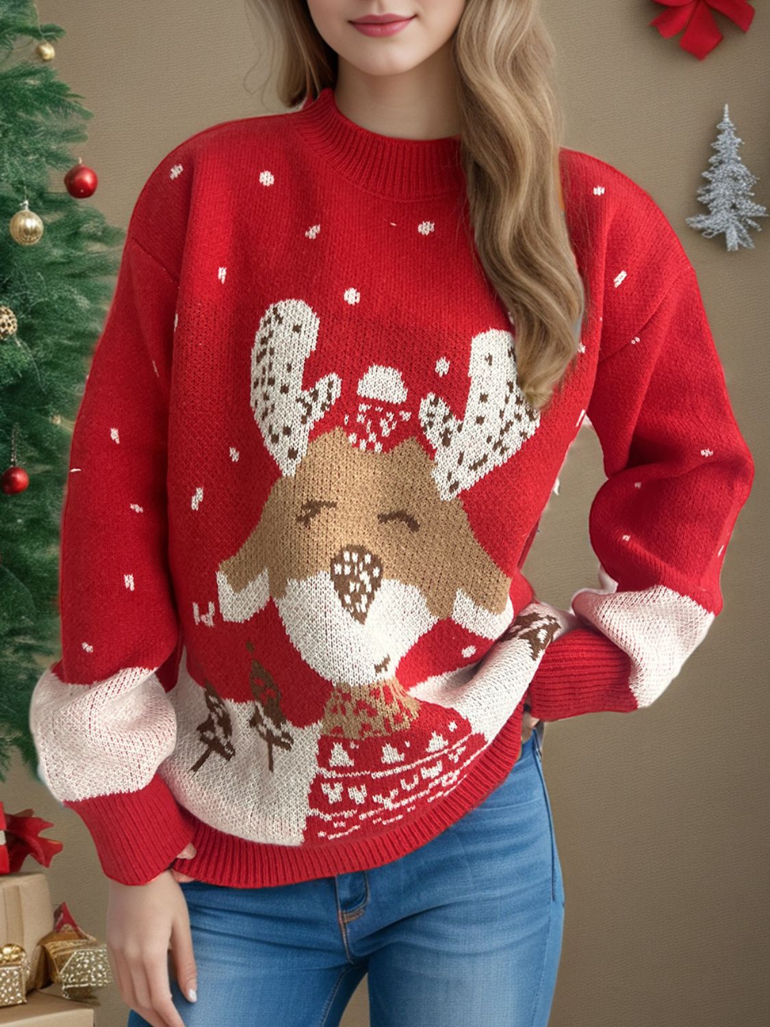 Laila - Pull à col montant avec motif de renne et manches longues pour femme