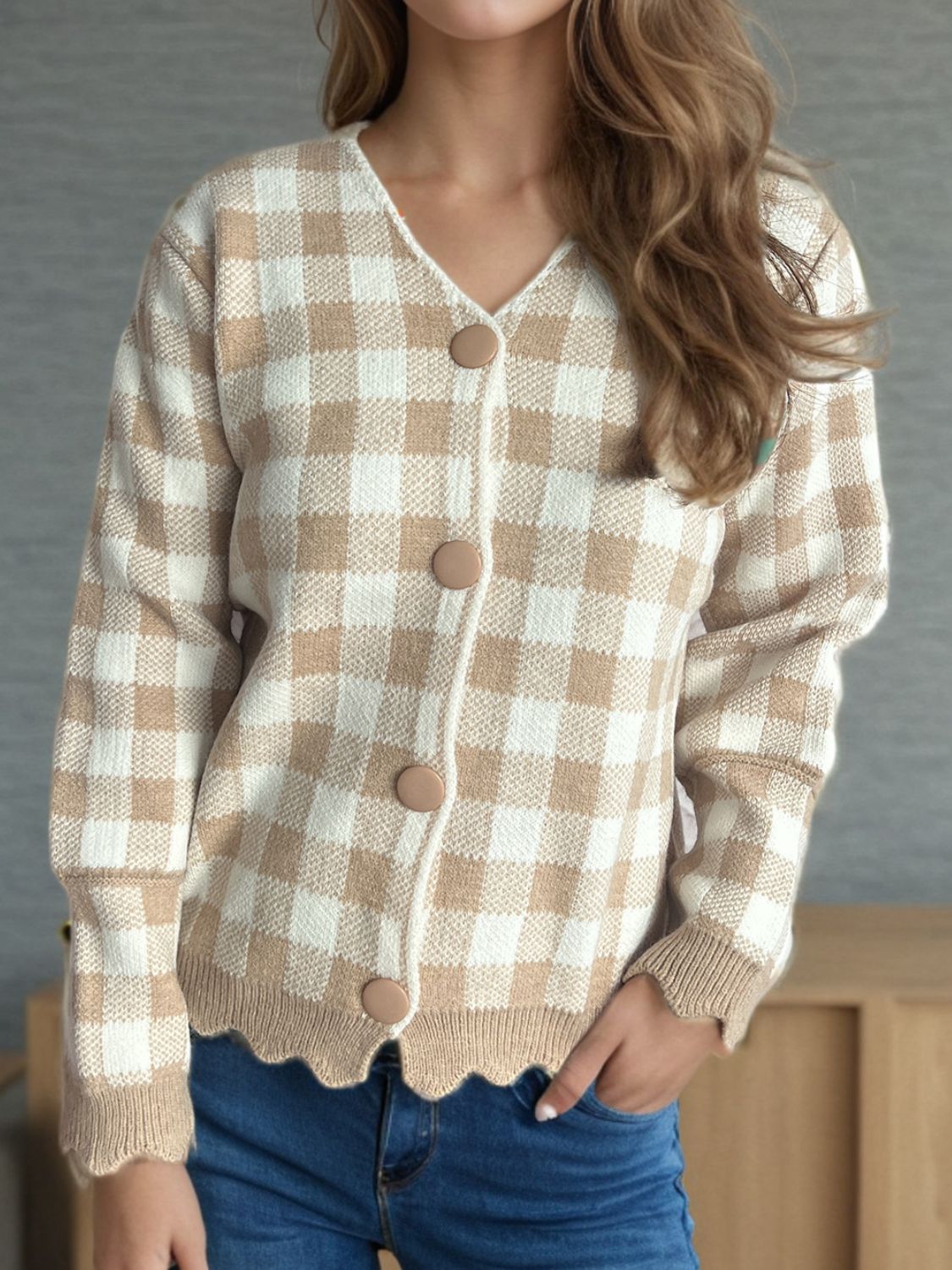 Ava - Cardigan à carreaux avec col en V et boutons pour femme