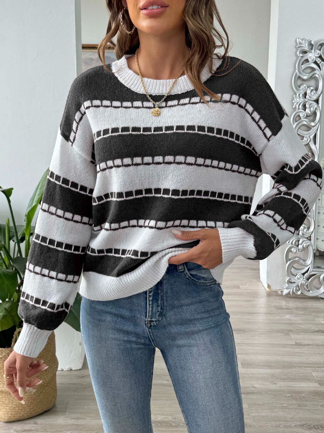 Amelia - Pull rayé à col rond et manches longues pour femme