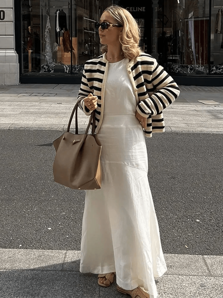 Carolina - Cardigan à manches longues en maille rayée noire