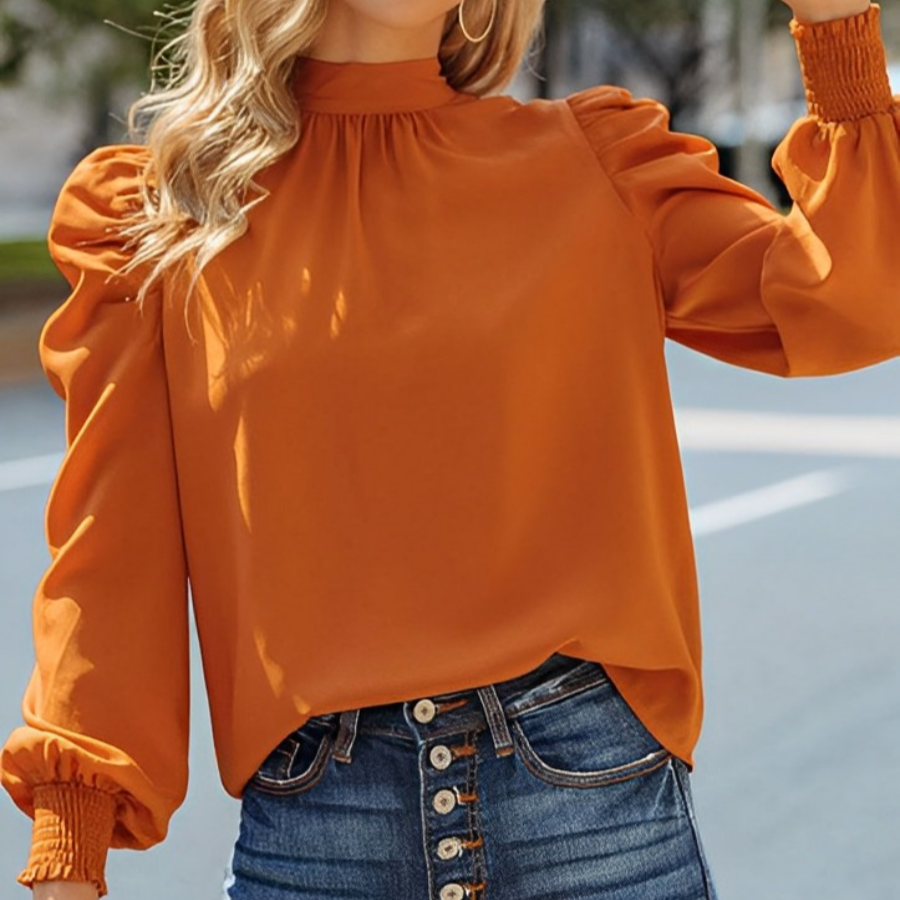 Charlotte - Blouse Orange à Manches Bouffantes pour Femmes