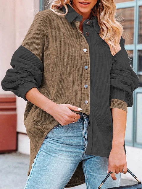 Mae - Blouse en Velours Côtelé Stylée d'Automne avec Couleurs Contrastantes pour Femmes