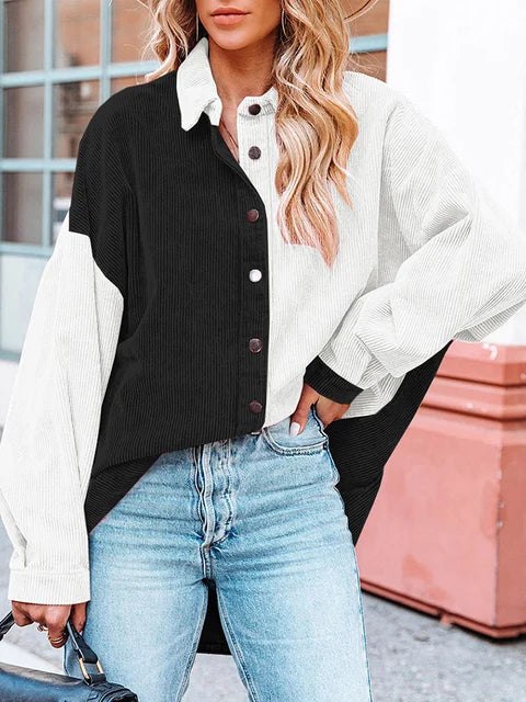 Mae - Blouse en Velours Côtelé Stylée d'Automne avec Couleurs Contrastantes pour Femmes