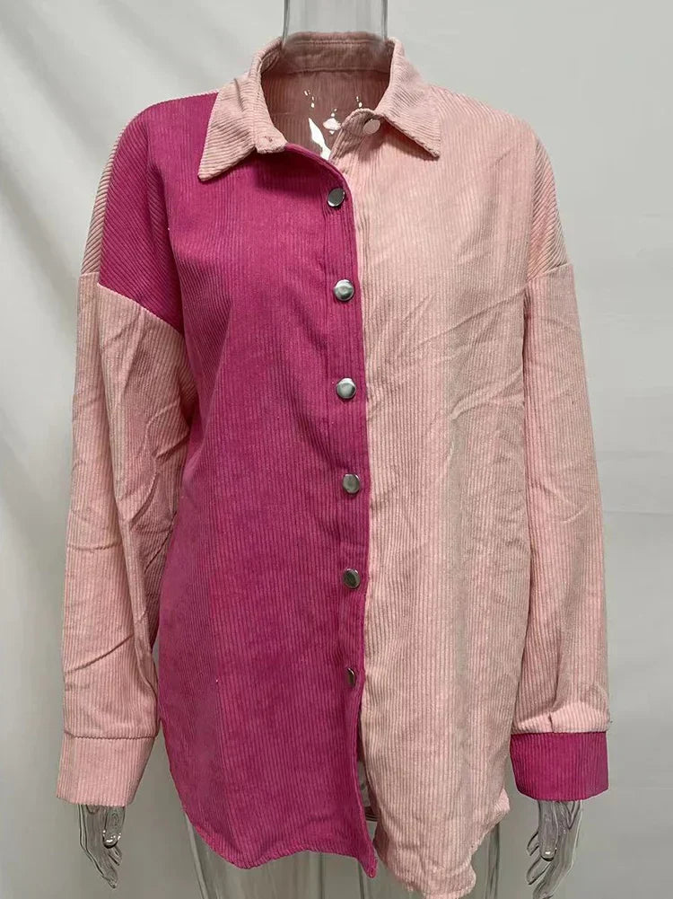 Mae - Blouse en Velours Côtelé Stylée d'Automne avec Couleurs Contrastantes pour Femmes
