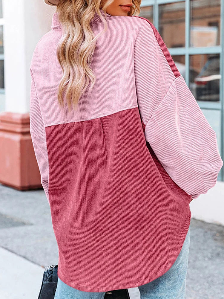 Mae - Blouse en Velours Côtelé Stylée d'Automne avec Couleurs Contrastantes pour Femmes