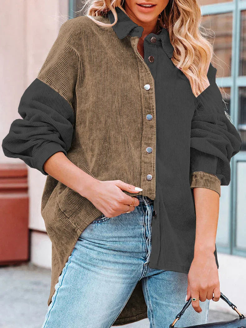 Mae - Blouse en Velours Côtelé Stylée d'Automne avec Couleurs Contrastantes pour Femmes