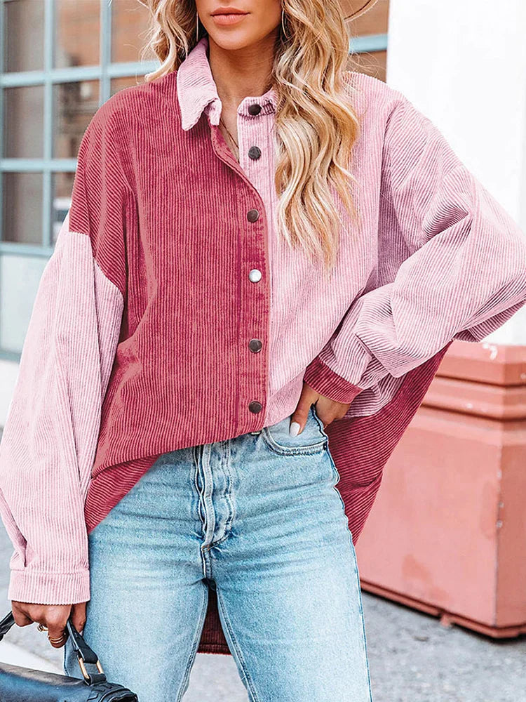 Mae - Blouse en Velours Côtelé Stylée d'Automne avec Couleurs Contrastantes pour Femmes