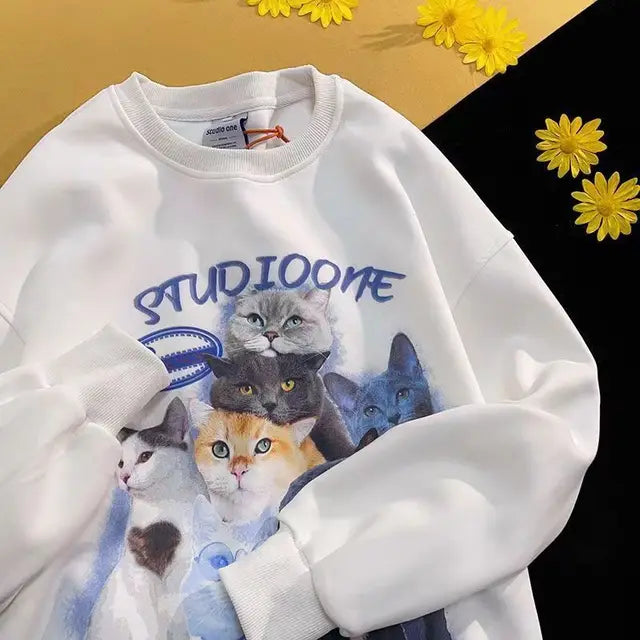 Arietty - Sweat-shirt décontracté en coton avec motif de chats