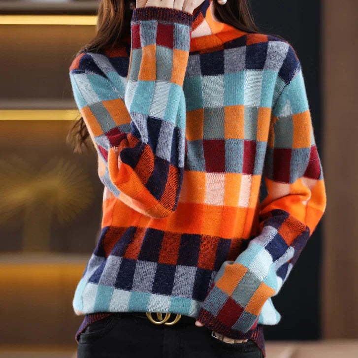 Vanessa - Pull à Col Roulé Patchwork Coloré Stylé pour l'Automne pour Femmes