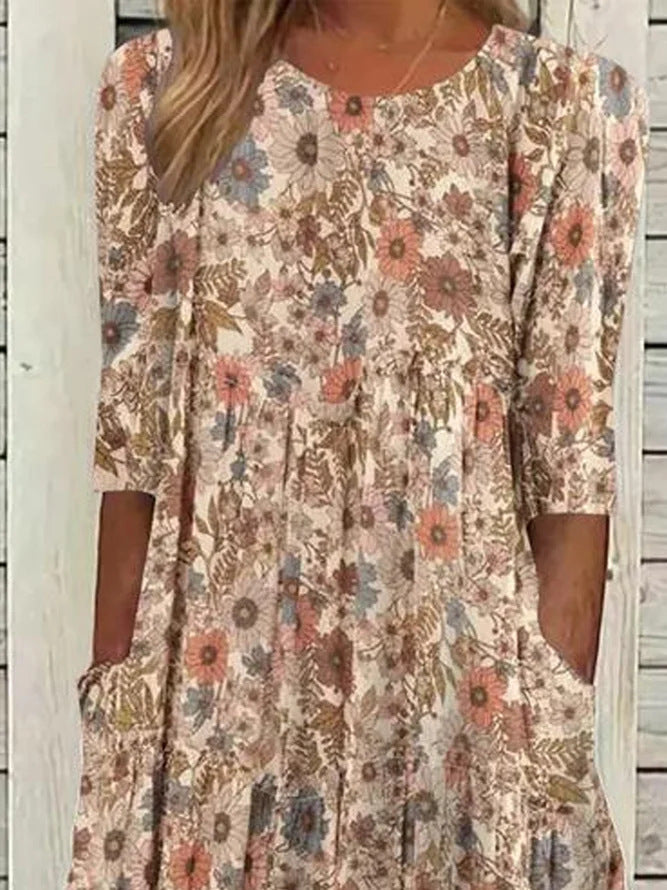 Sarina - Robe bohème avec col rond, robe ample et décontractée avec poches pour femme