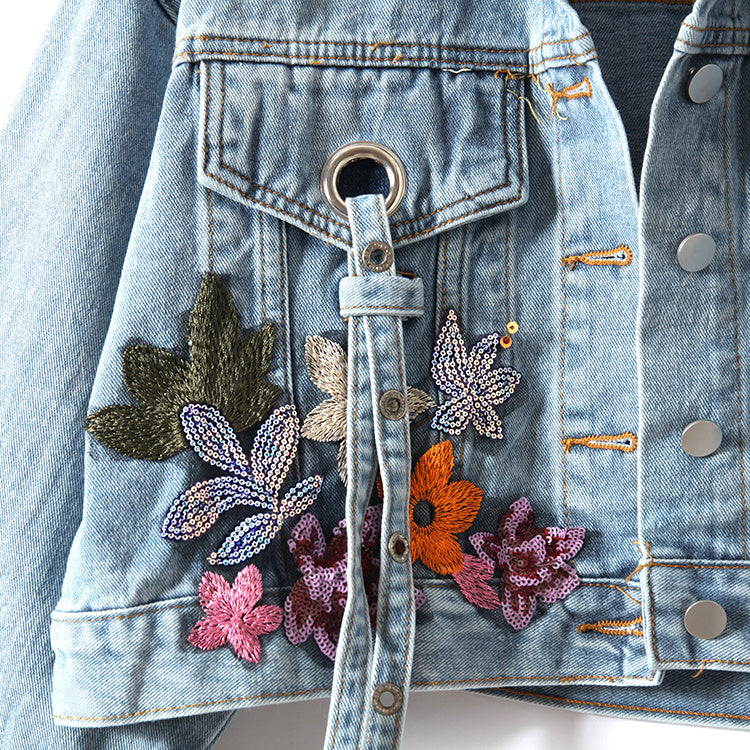 Julie - Veste en Denim avec Broderies Florales et Sequins