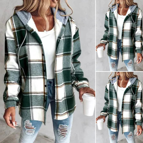 Trudy - Manteau à Carreaux Vert avec Capuche pour Femmes