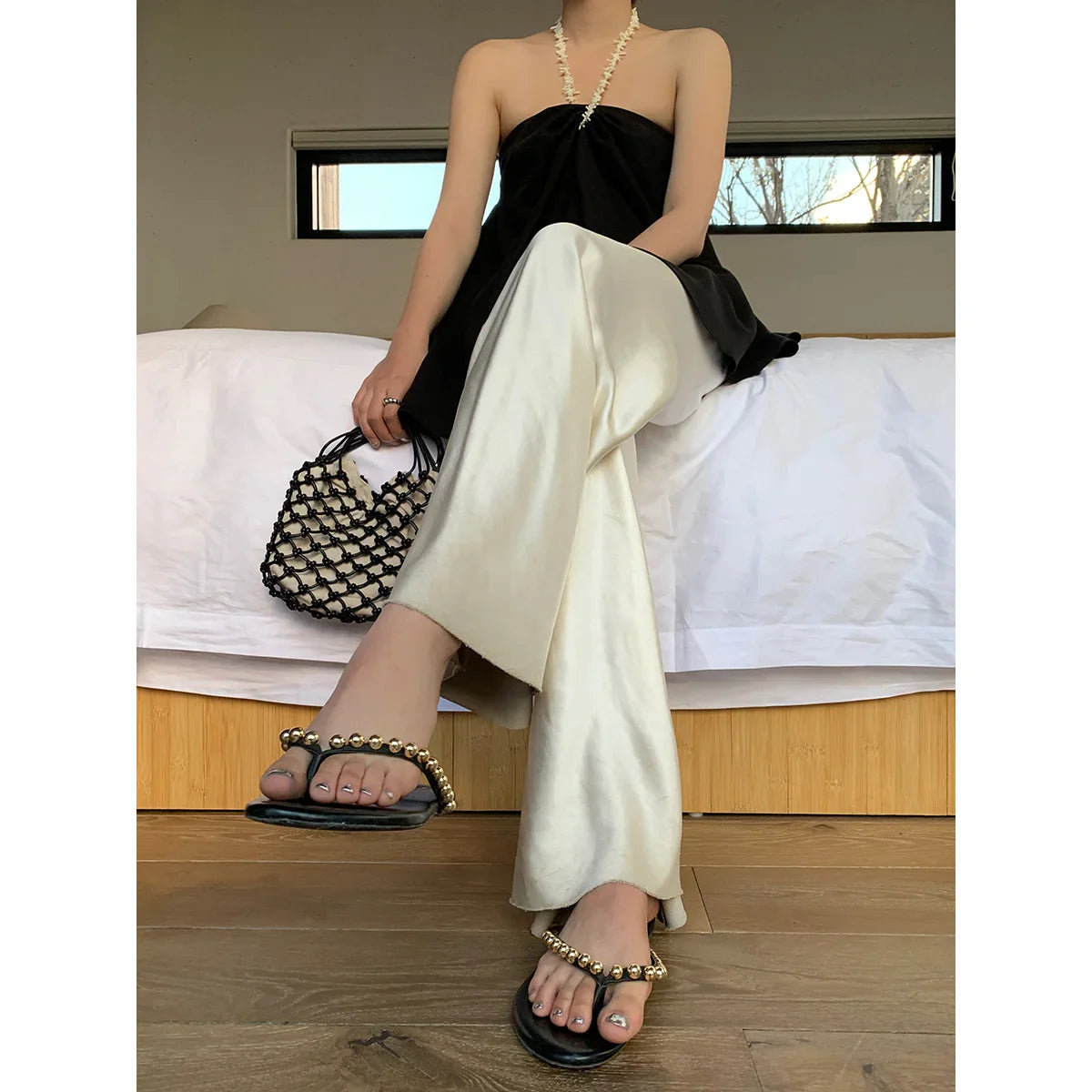 Pantalon large en satin Pantalon décontracté long Femme Été - Philippa