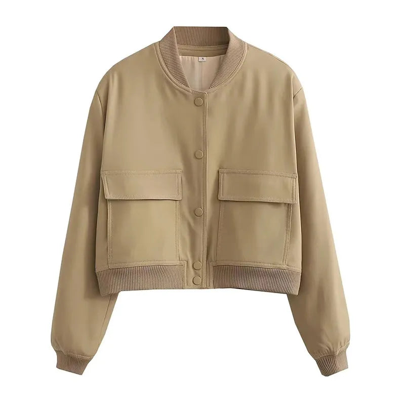 Veste Courte à Poches et Col Rond pour Femme