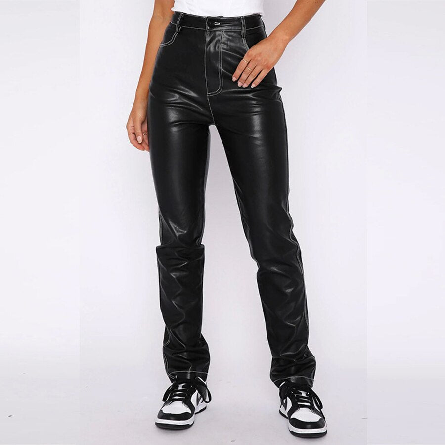 Cara Pantalon - Cuir noir décontracté pantalon skinny taille haute pour tous les jours
