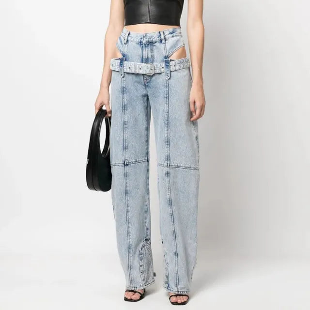 Jean en denim ceinturé taille haute streetwear découpé - Arianni