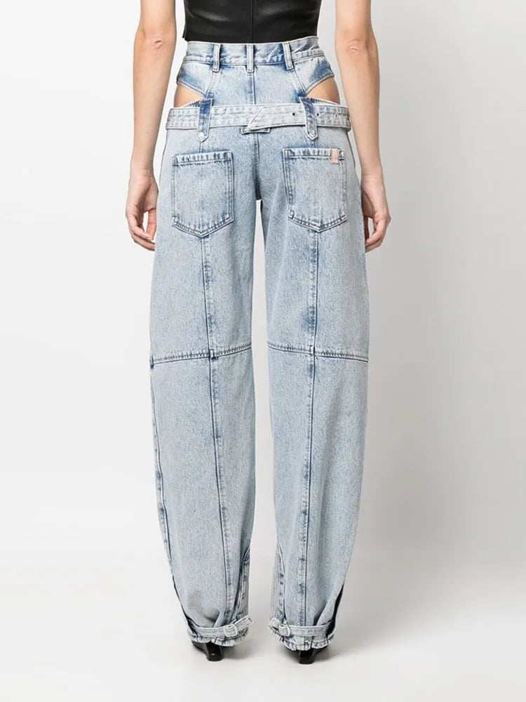 Jean en denim ceinturé taille haute streetwear découpé - Arianni
