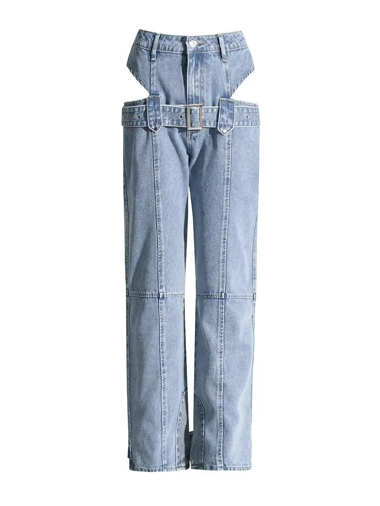 Jean en denim ceinturé taille haute streetwear découpé - Arianni
