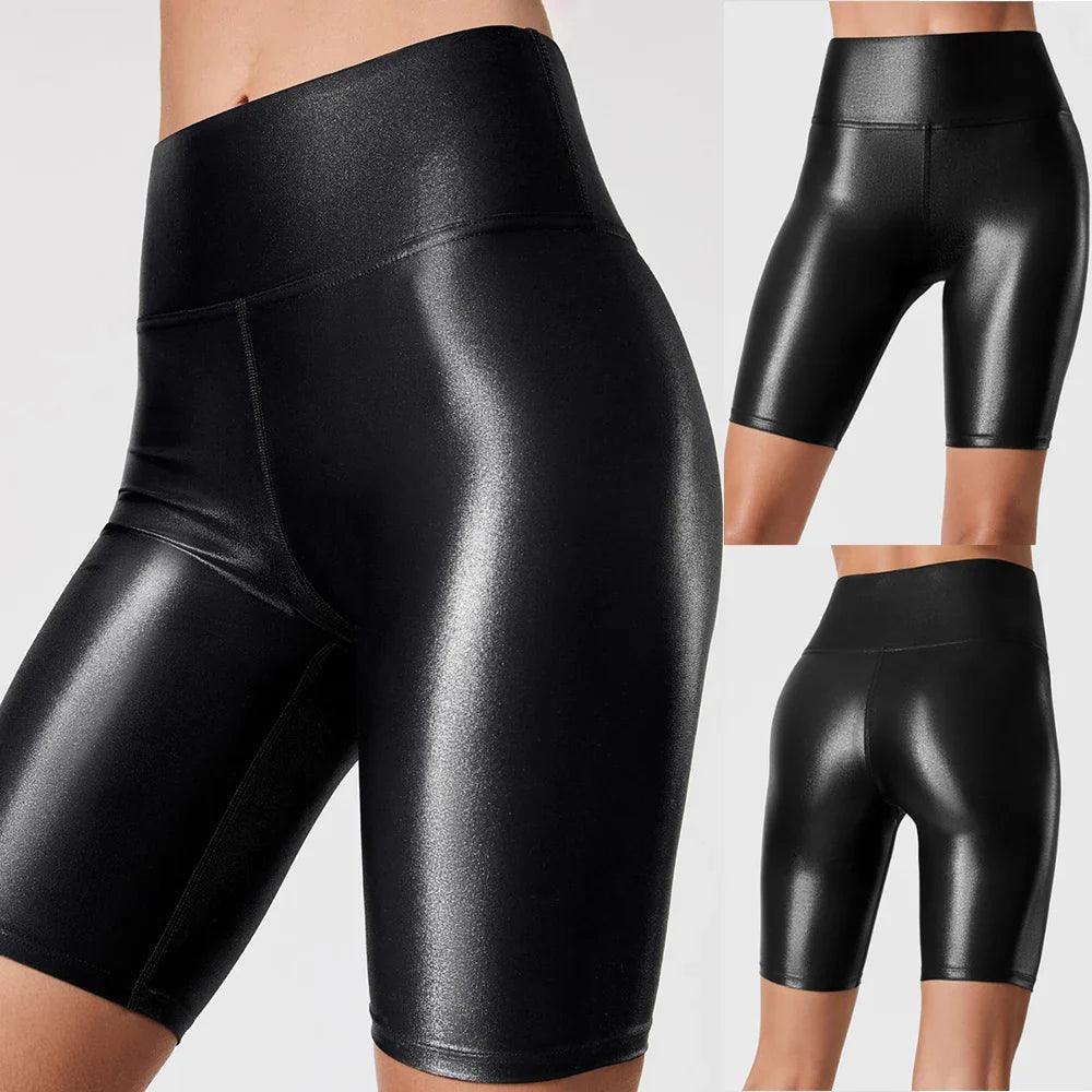 Short décontracté élastique en simili cuir souple taille haute pour femme - Delanie