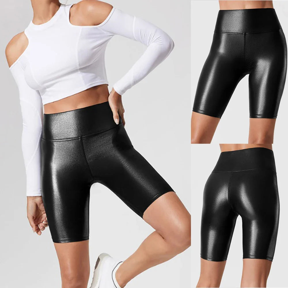 Short décontracté élastique en simili cuir souple taille haute pour femme - Delanie
