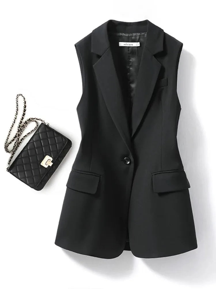 Gilet classique sans manches à simple boutonnage avec col à revers pour femmes