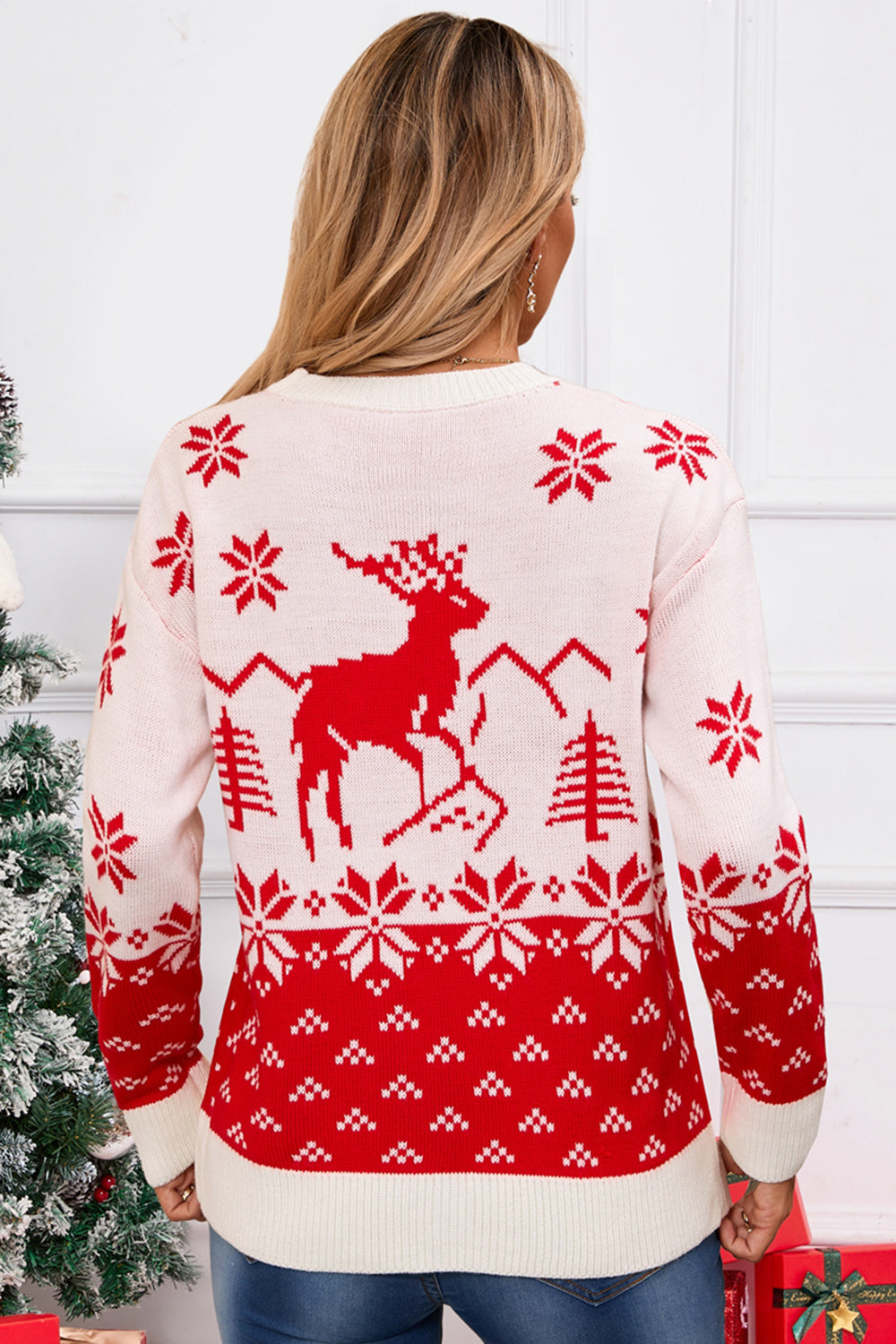 Lydia - Pull à col rond avec motif de cerf et manches longues pour femme