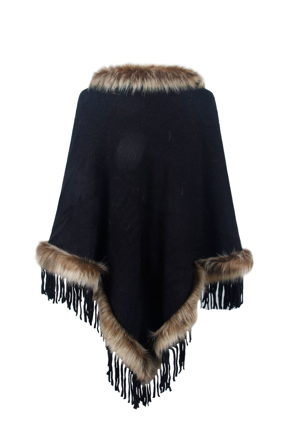 Sofia - Poncho à franges avec bordure en fausse fourrure pour femme