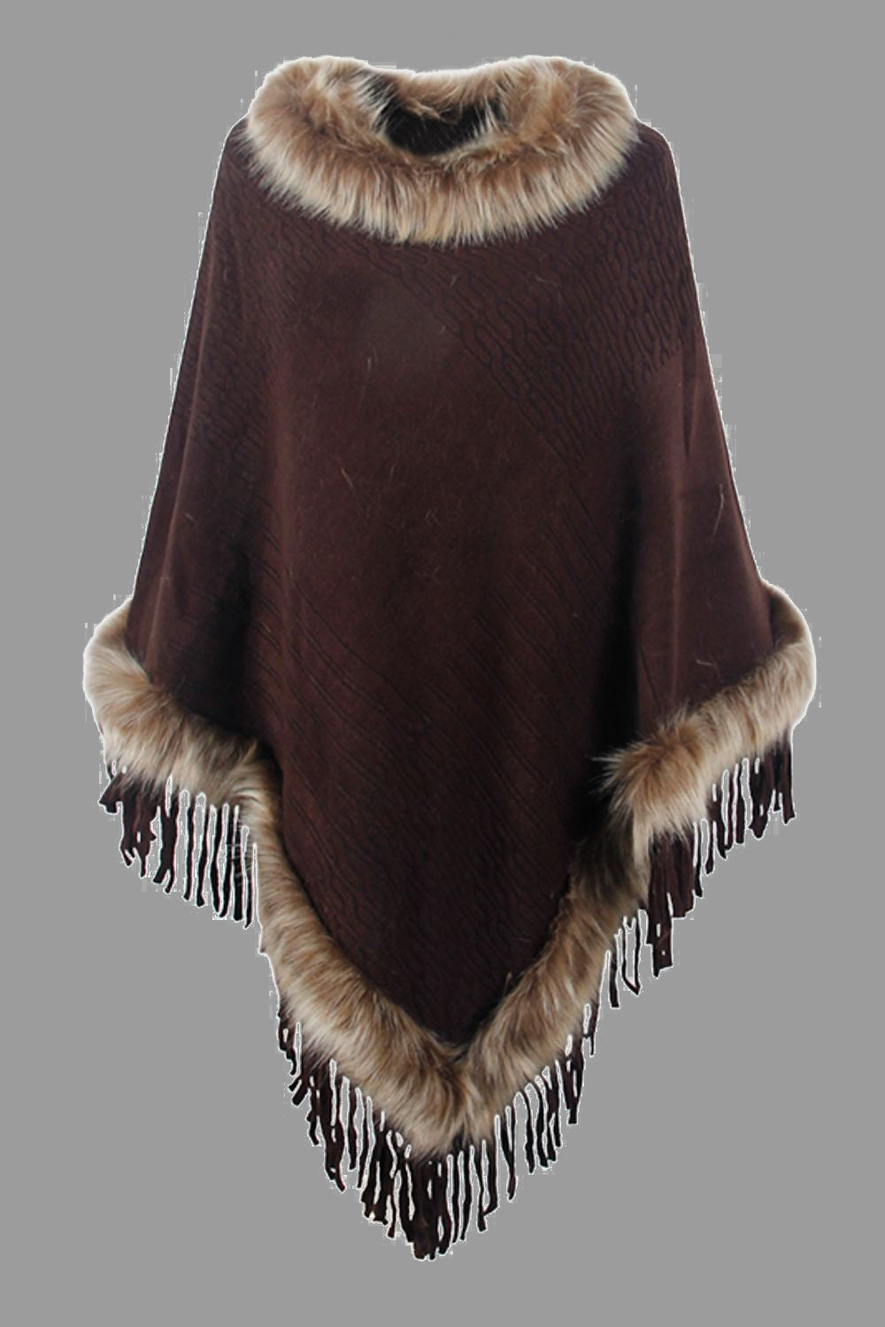 Sofia - Poncho à franges avec bordure en fausse fourrure pour femme