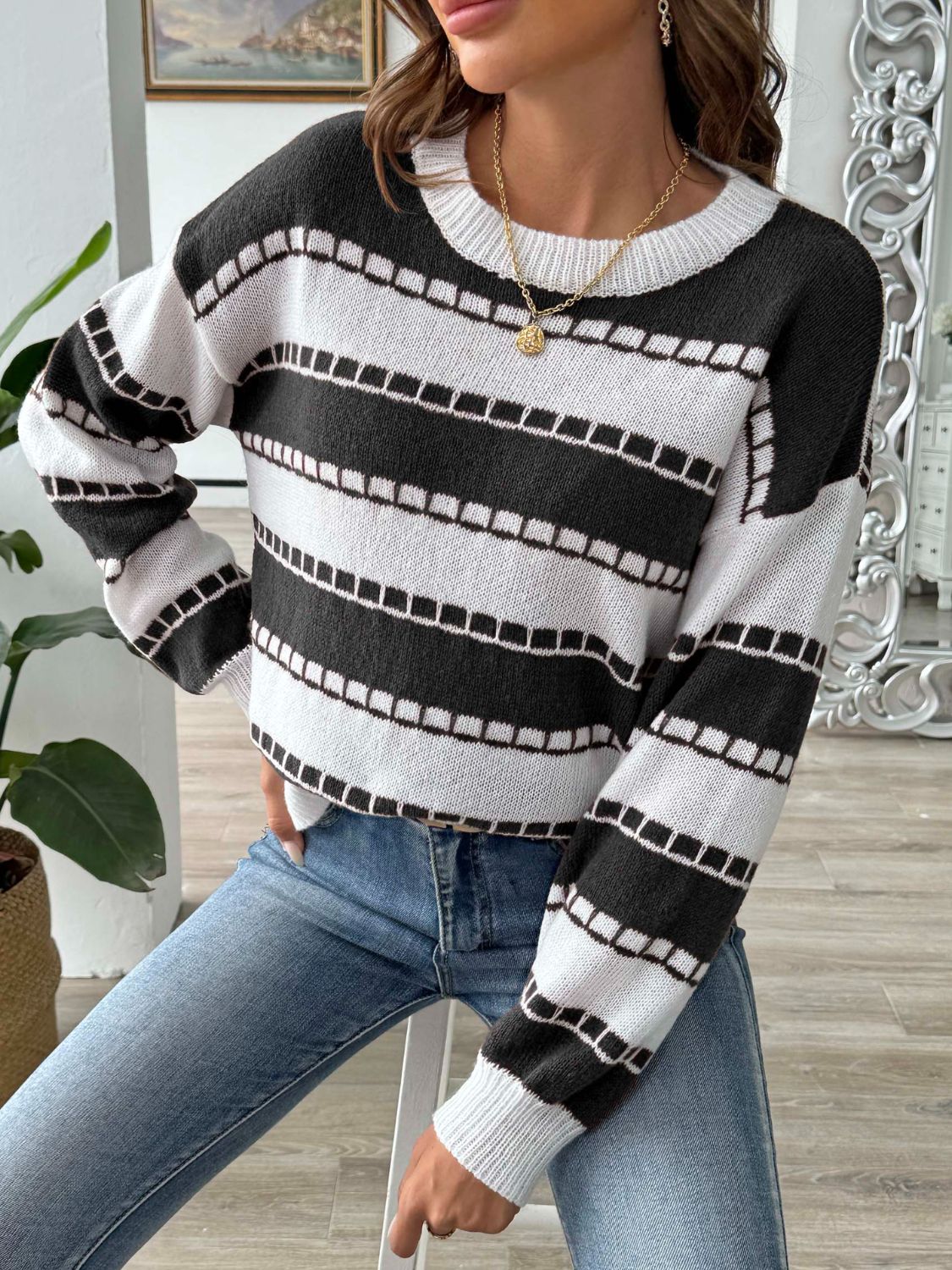 Amelia - Pull rayé à col rond et manches longues pour femme