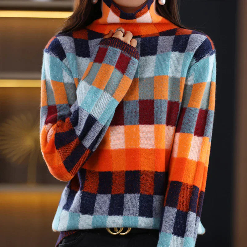 Vanessa - Pull à Col Roulé Patchwork Coloré Stylé pour l'Automne pour Femmes