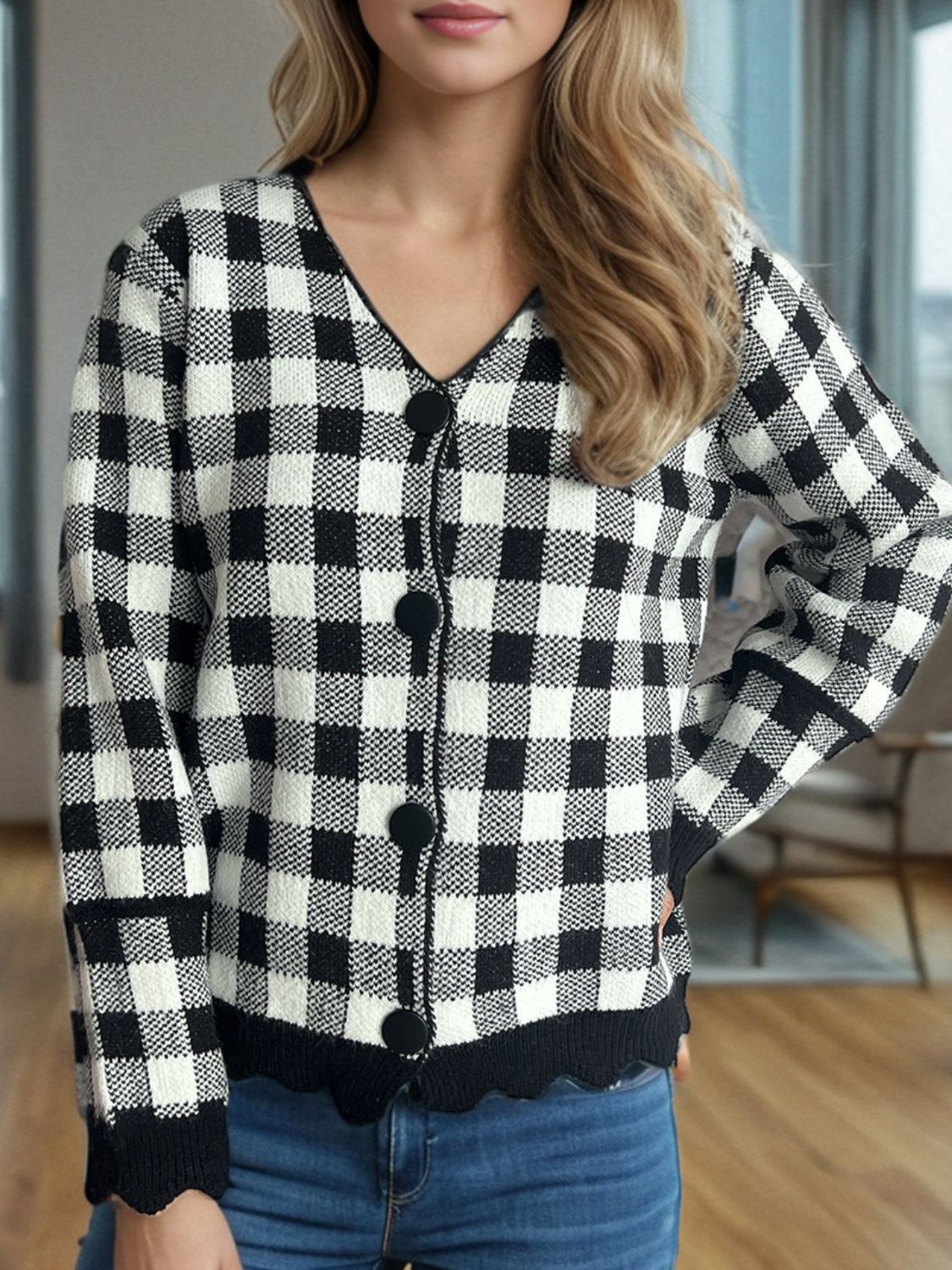 Ava - Cardigan à carreaux avec col en V et boutons pour femme