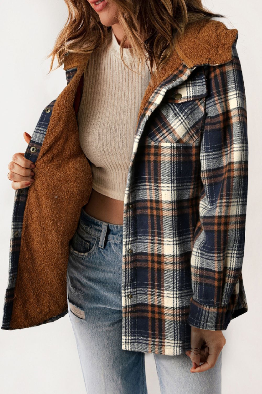 Mira - Veste à carreaux boutonnée avec capuche et manches longues pour femme