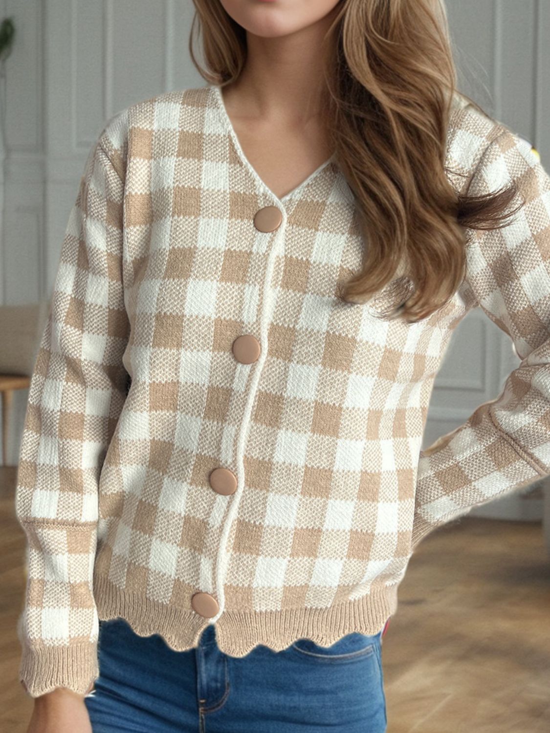 Ava - Cardigan à carreaux avec col en V et boutons pour femme