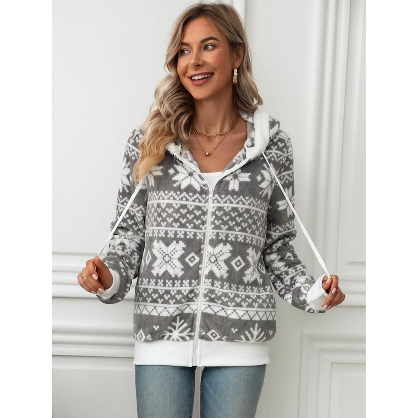 Nora - Gris Veste à Capuche avec Fermeture Éclair et Motif Flocon de Neige pour Femme