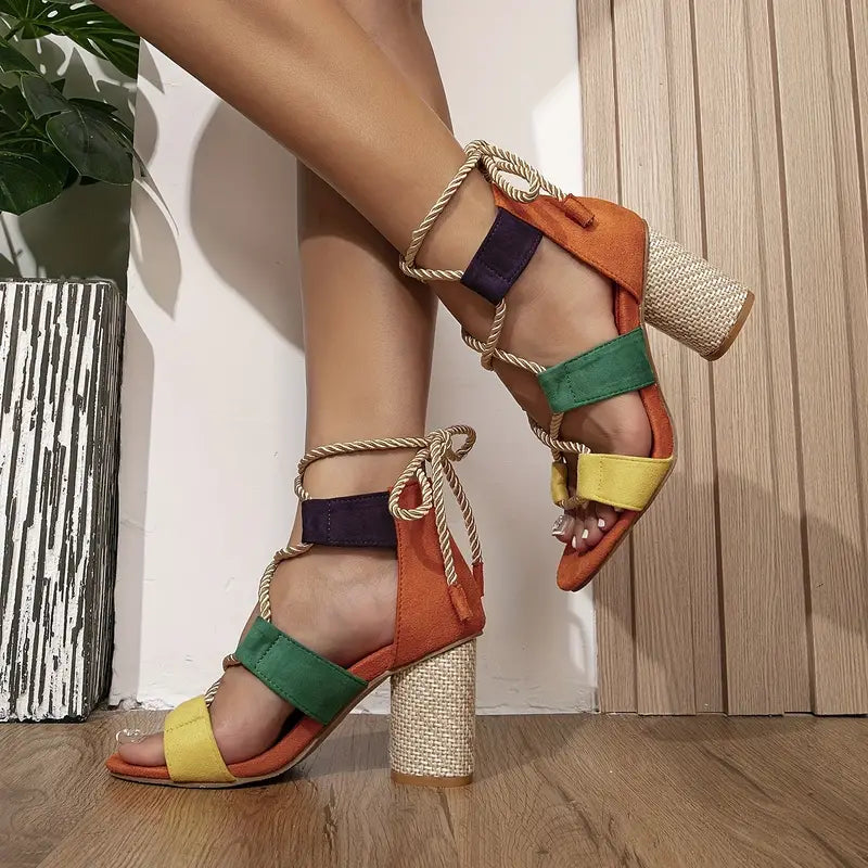 Sandales Femme à talons blocs colorés et lacets - Verasha