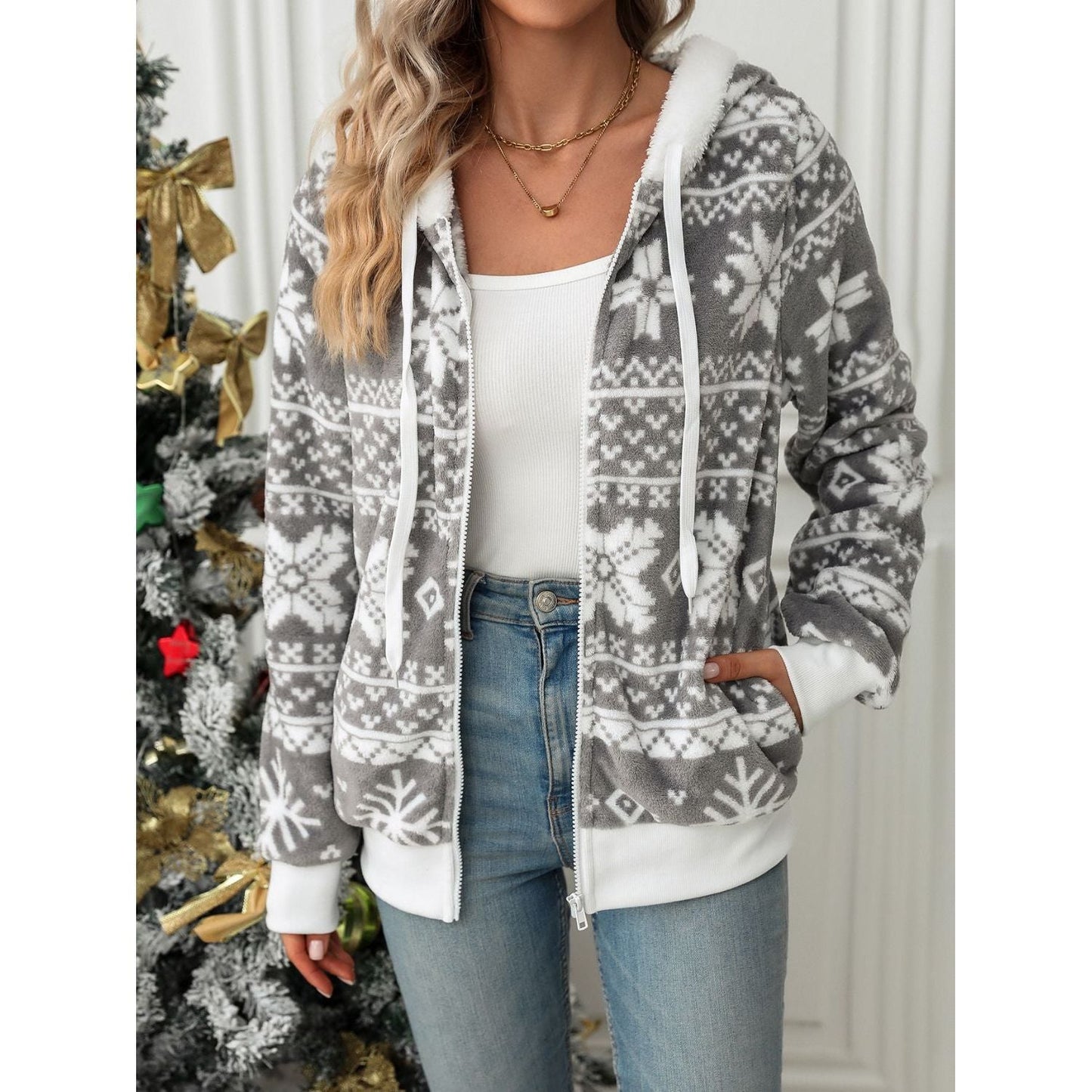 Nora - Gris Veste à Capuche avec Fermeture Éclair et Motif Flocon de Neige pour Femme