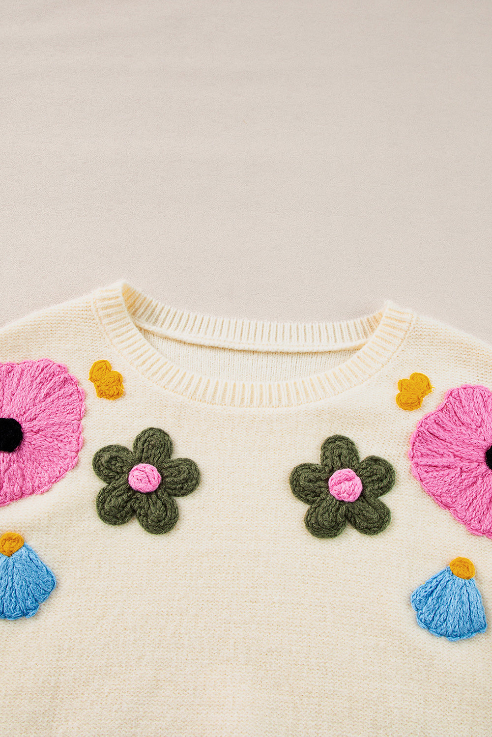 Anne - Pull Tricoté à Motif Floral avec Bords Côtelés