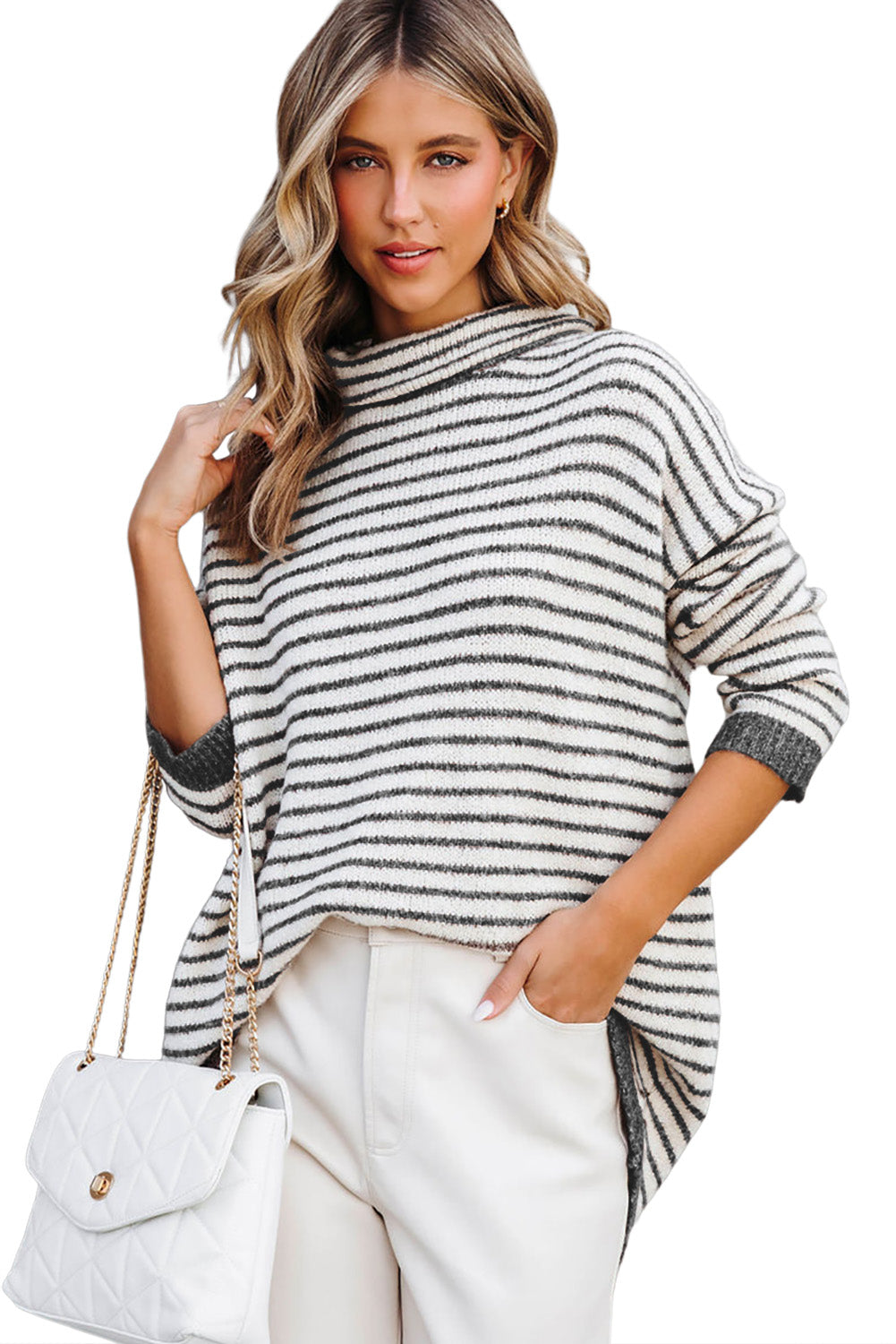 Isla - Pull col roulé rayé gris pour femme