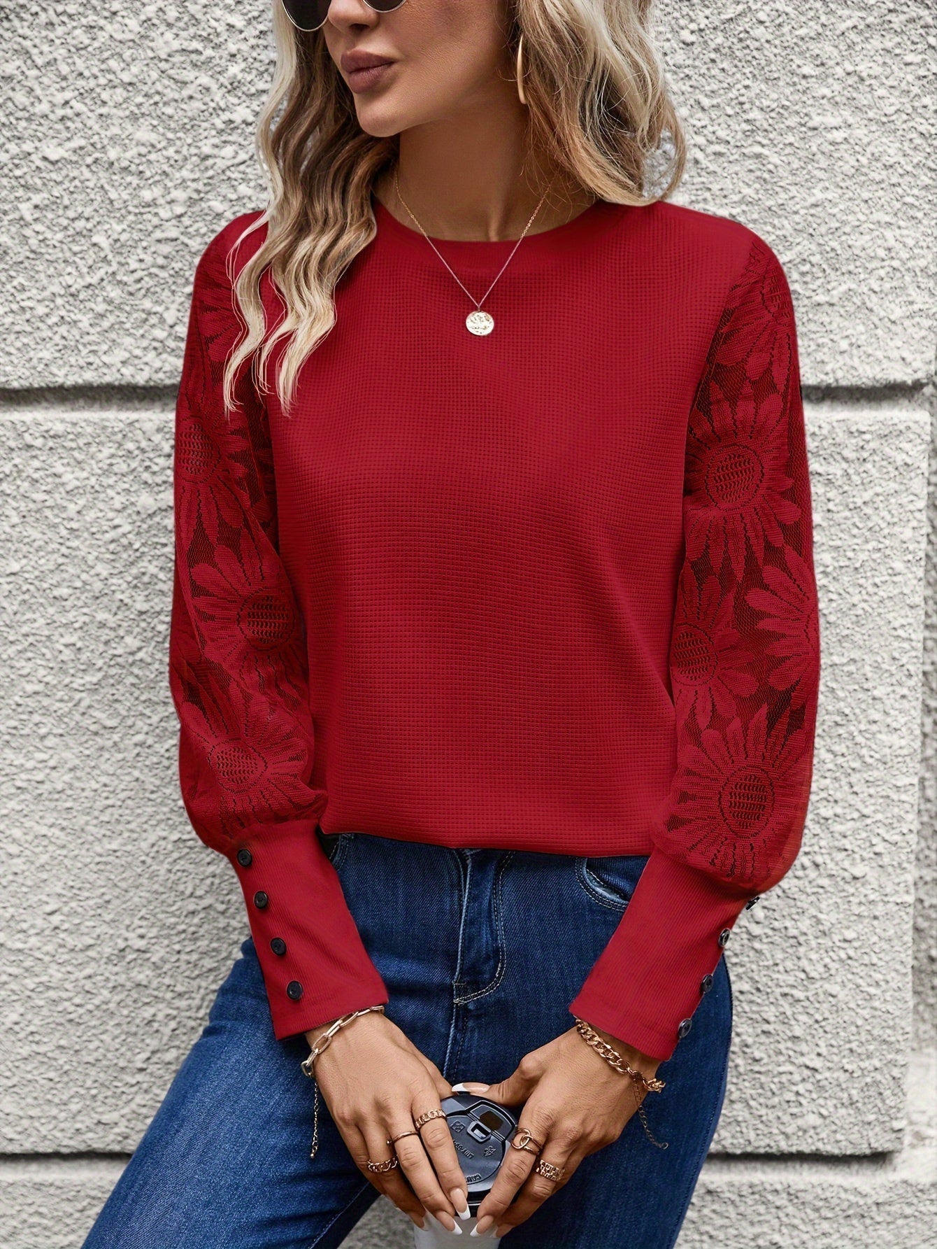 Lorain - Blouse en Dentelle Fleurie Chic et Stylée Automne pour Femmes