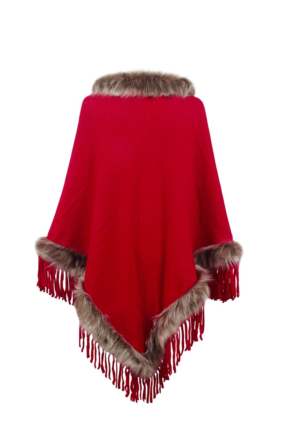 Sofia - Poncho à franges avec bordure en fausse fourrure pour femme