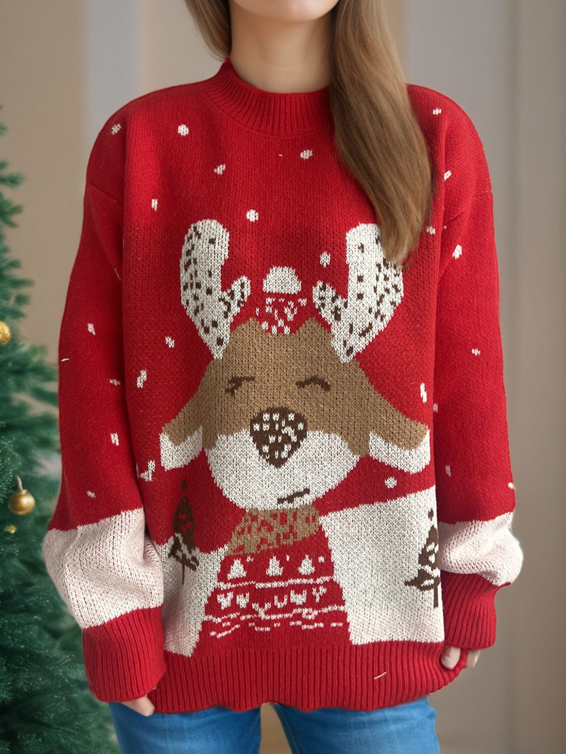Laila - Pull à col montant avec motif de renne et manches longues pour femme