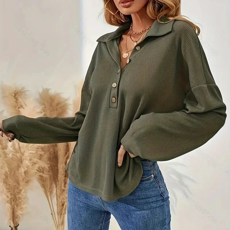 Amara - Vert Blouse Côtelée avec Patte de Boutonnage pour Femme
