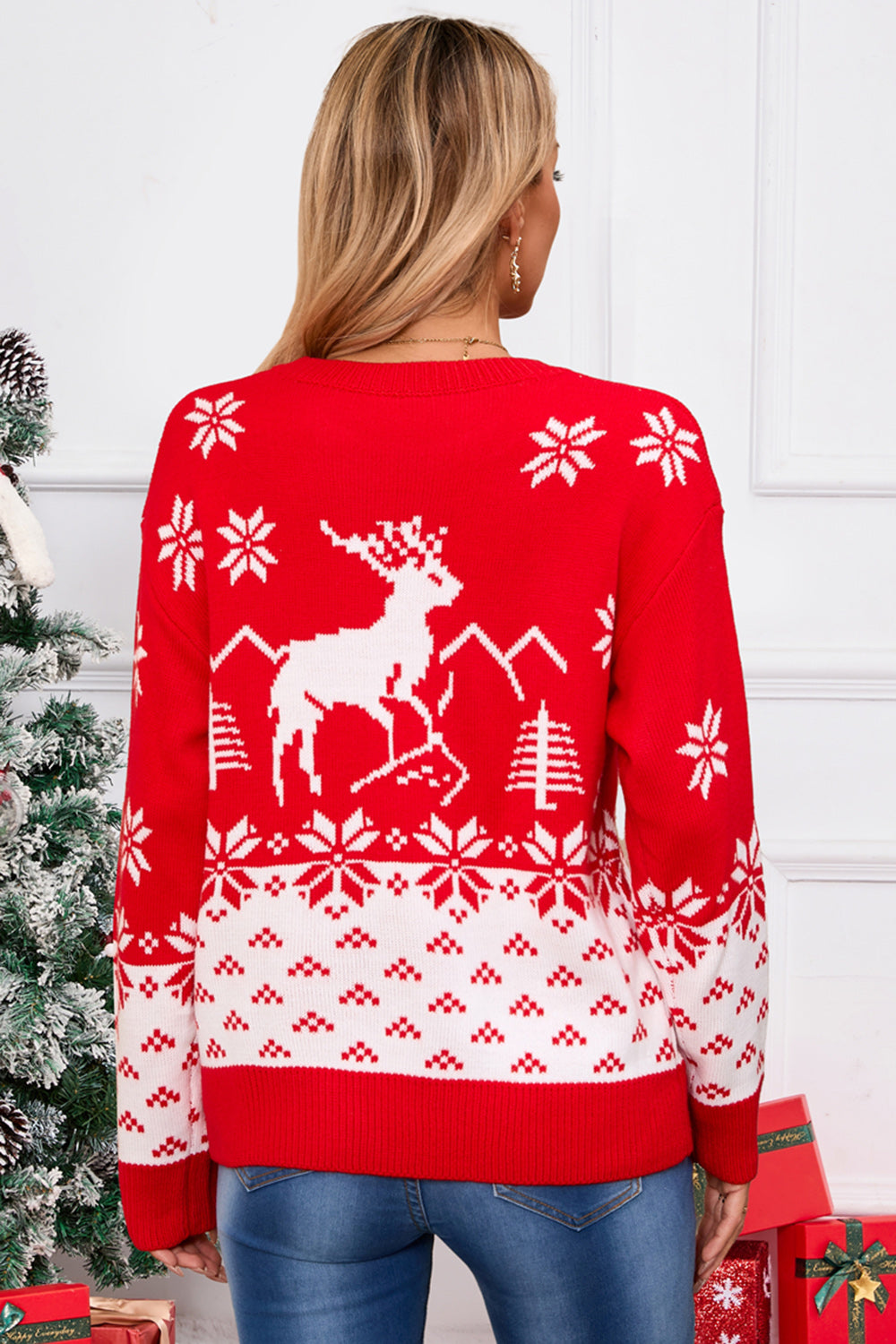 Lydia - Pull à col rond avec motif de cerf et manches longues pour femme