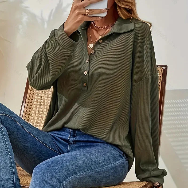 Amara - Vert Blouse Côtelée avec Patte de Boutonnage pour Femme