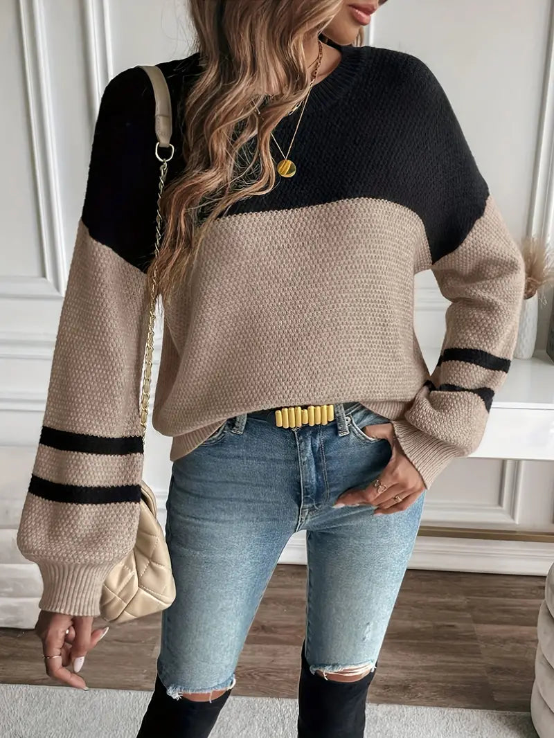 Mira - Marron Pull en maille à blocs de couleur pour femme