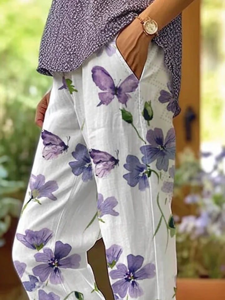 Gina - Short droit avec couture de poche et peinture florale décontractée