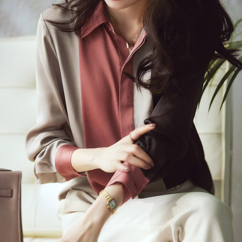 Jasmine - Blouse en Satin à Rayures Patchwork Élégante pour l'Automne pour Femmes