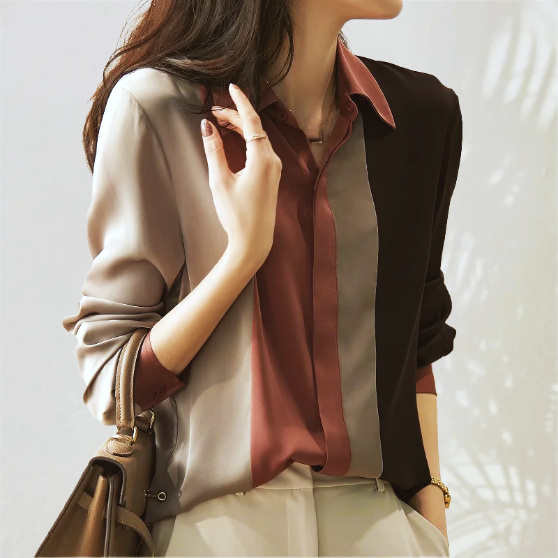 Jasmine - Blouse en Satin à Rayures Patchwork Élégante pour l'Automne pour Femmes