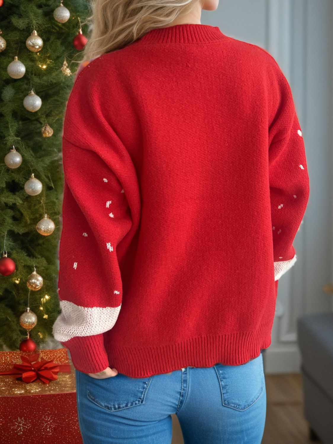 Laila - Pull à col montant avec motif de renne et manches longues pour femme