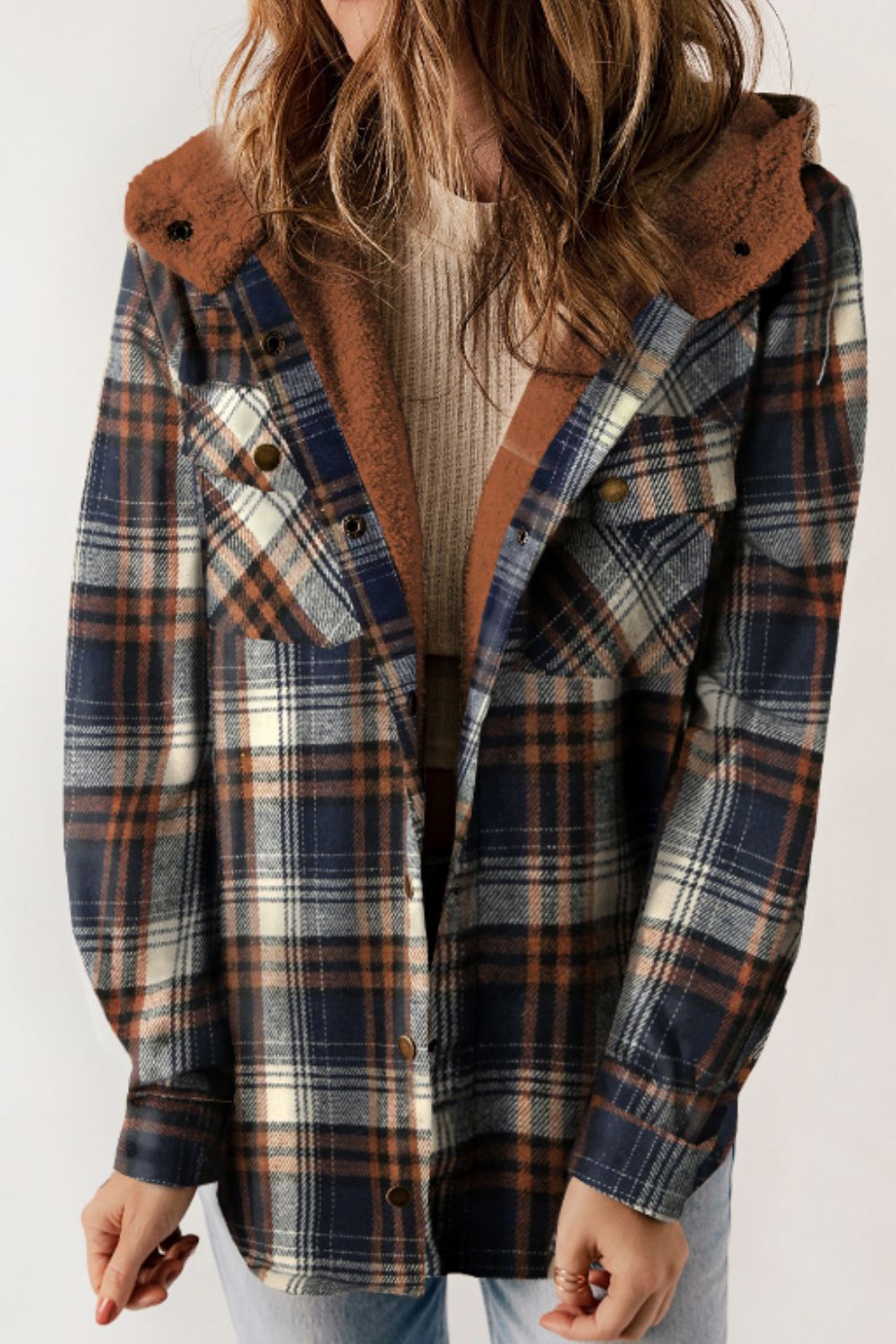 Mira - Veste à carreaux boutonnée avec capuche et manches longues pour femme